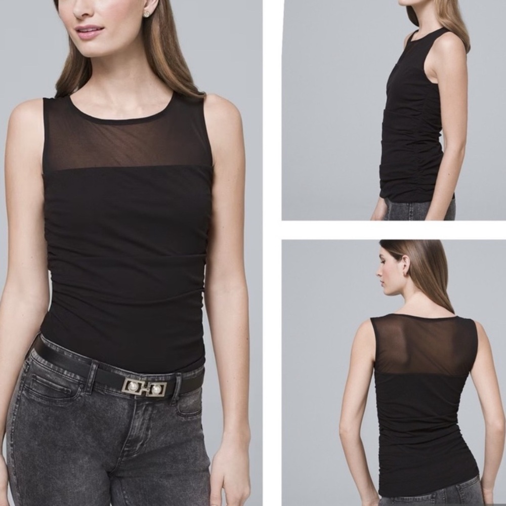 White House Black Market Fitted Ruched Black Tank Top with Mesh Panel XS